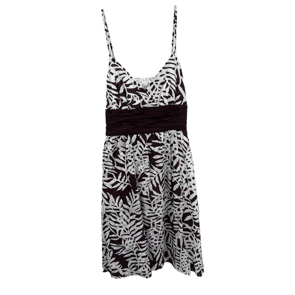 Maggy London Brown White Tropical Leaf Print Cotton Empire Waist Dress Womens 10 - Picture 1 of 9